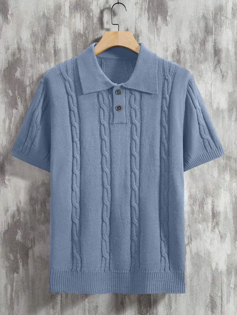 Solid Color Polo Shirt With Lapel Collar Knitted Top