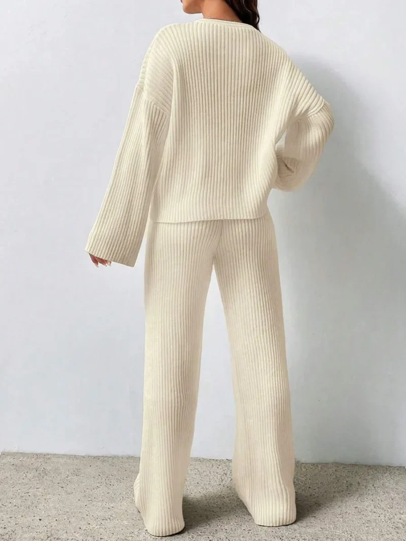 Dropped Shoulder Loose Ribbed Knit Sweater And Flared Knit Pants