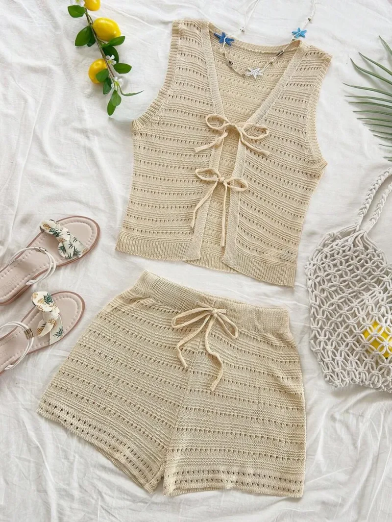 Casual Contrast Color Striped Drawstring Vest & Shorts