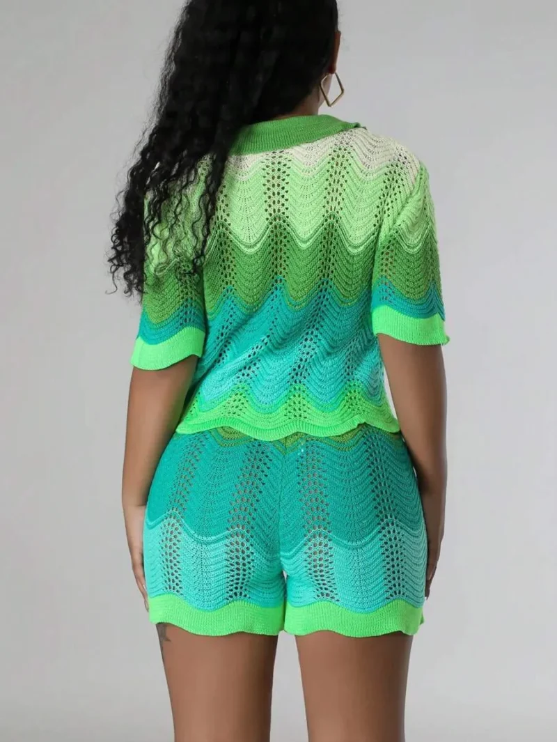 Color Block Crochet Short Sleeve Knit Top And Shorts