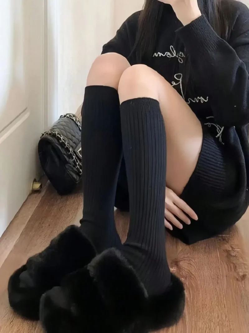 Knitted Socks Solid Color Vertical Bar Warm Knee Length Socks