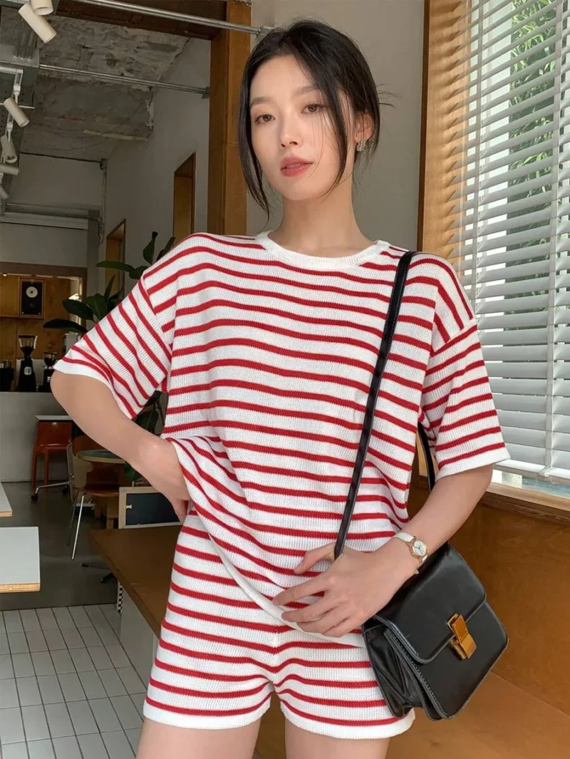 Striped Crew Neck Short Sleeve Knit Top And Knitted Shorts