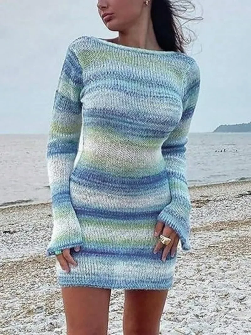Backless Long Sleeve Knitted Sweater Dress