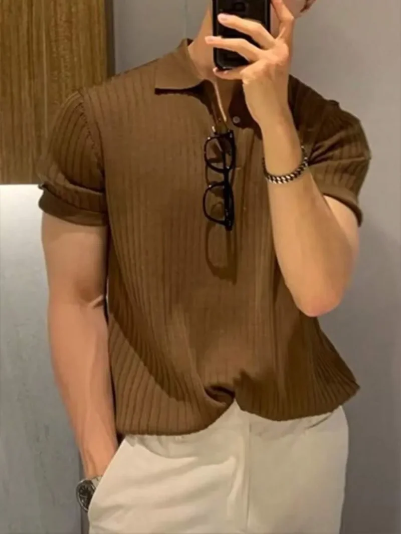 Short Sleeve Ribbed Knit Polo Shirt