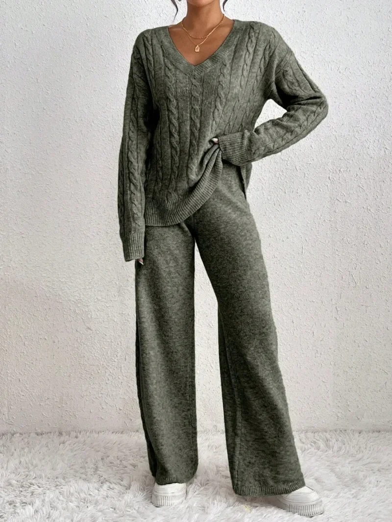 Casual Daily V Neck Cable Knit Sweater & Trousers