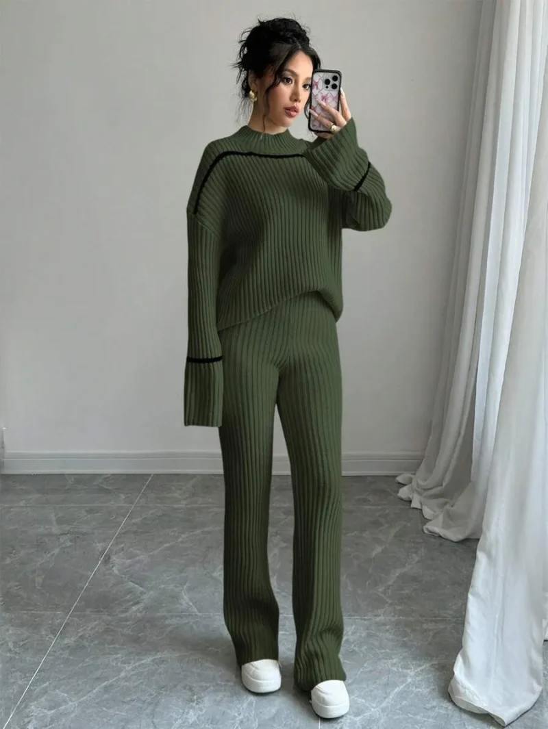 Contrast Trim Stand Collar Long Sleeve Top And Pants