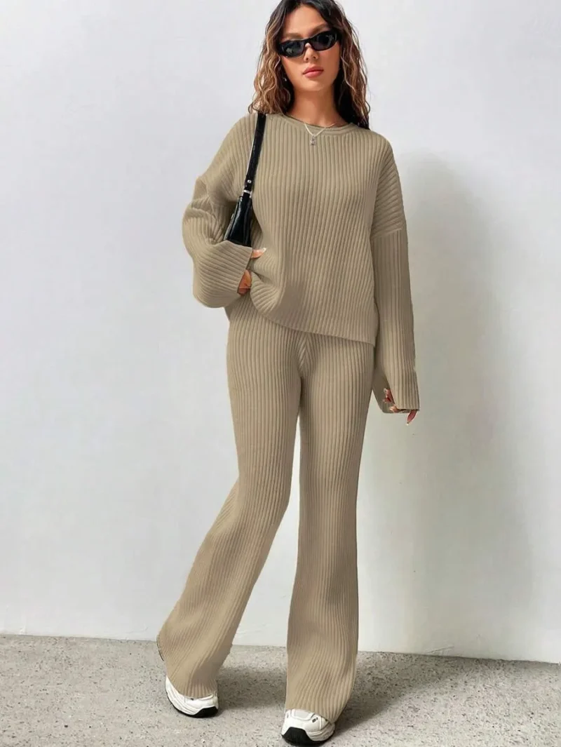 Crew Neck Drop Shoulder Sweater And Flared Knit Pants