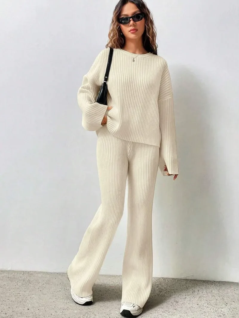 Dropped Shoulder Loose Ribbed Knit Sweater And Flared Knit Pants