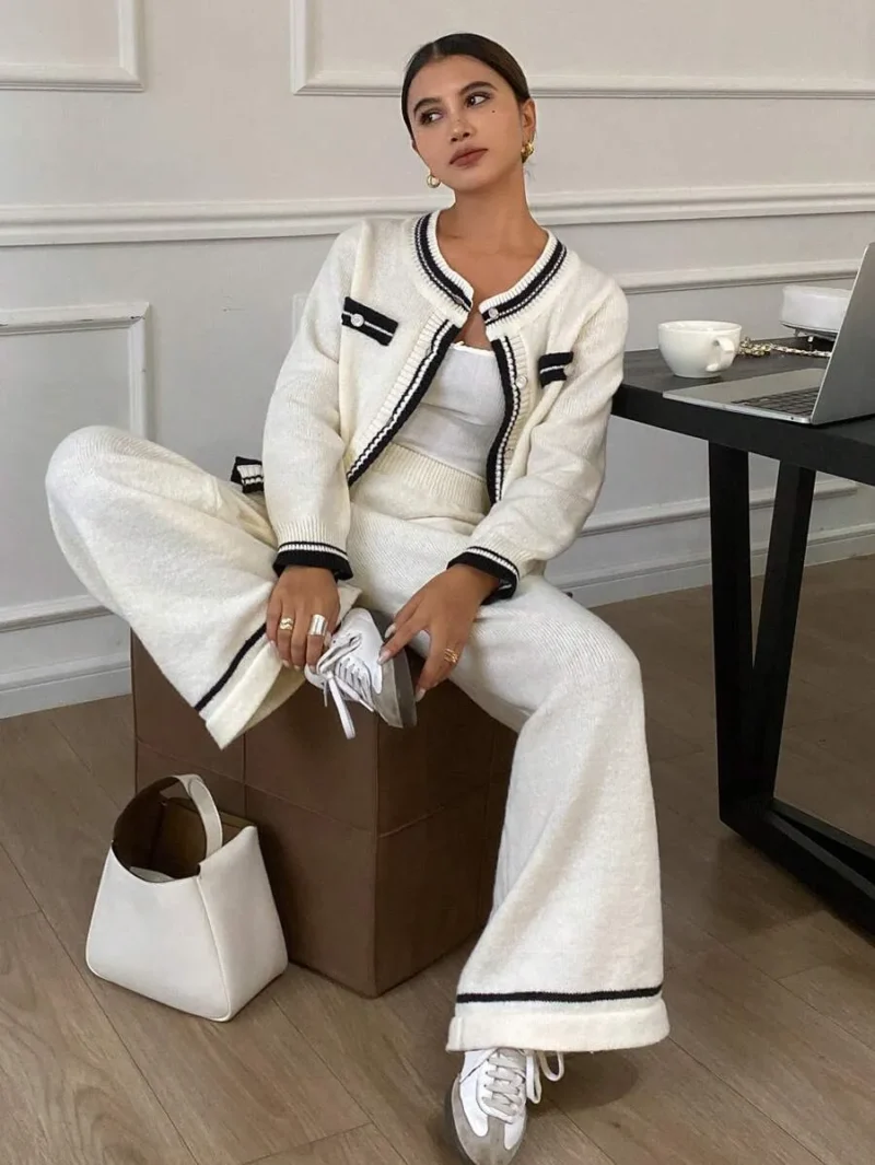 Knit Sweater Cardigan Set With Long Pants