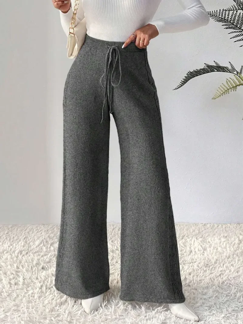 Solid Color Drawstring Knotted Elegant Commute Knit Top And Pant