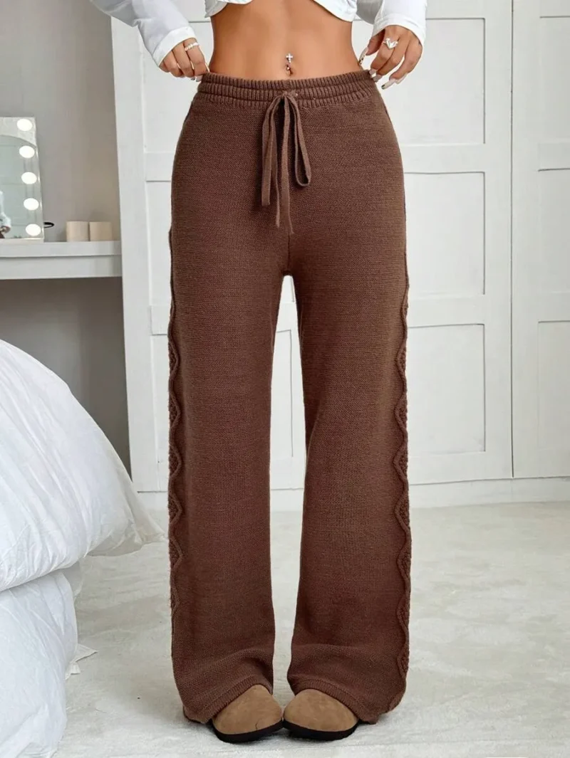 Solid Color Waist Tie Chunky Knit Sweater And Wide Leg Pants