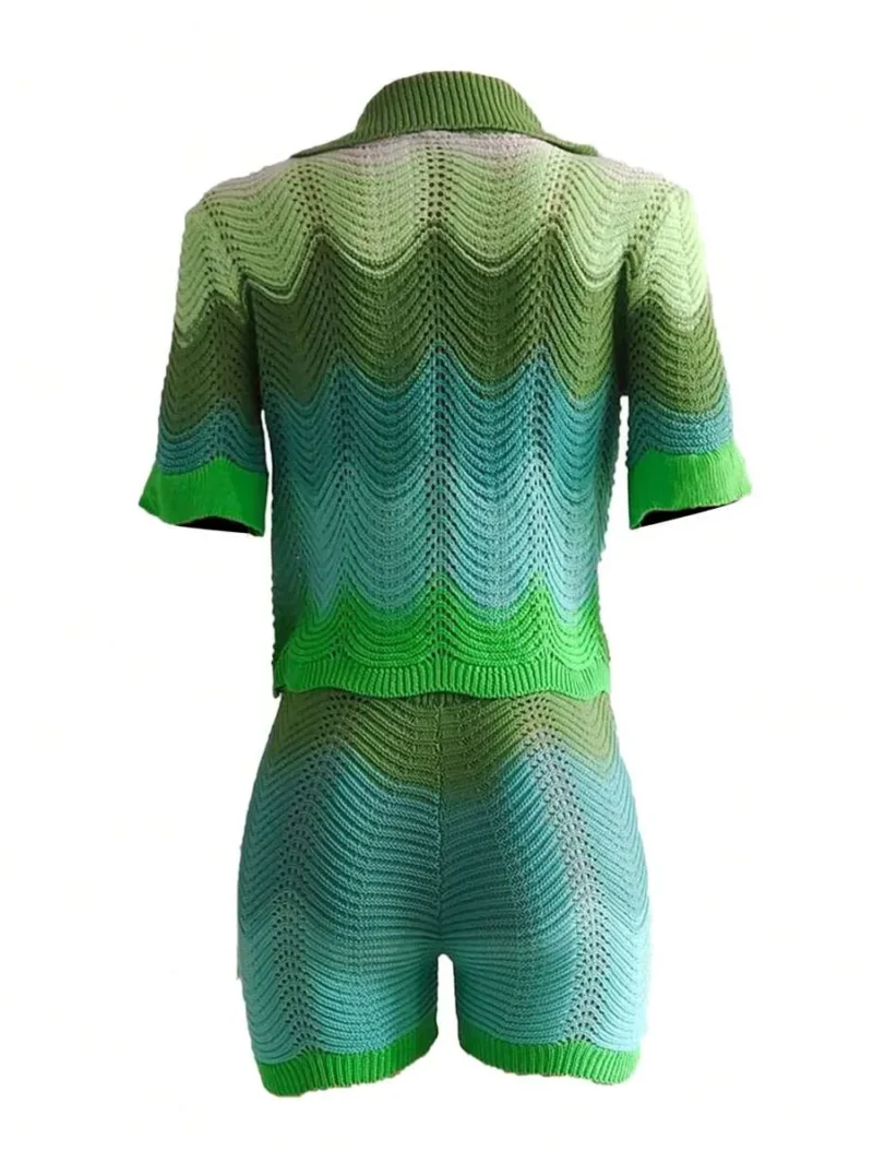 Color Block Crochet Short Sleeve Knit Top And Shorts