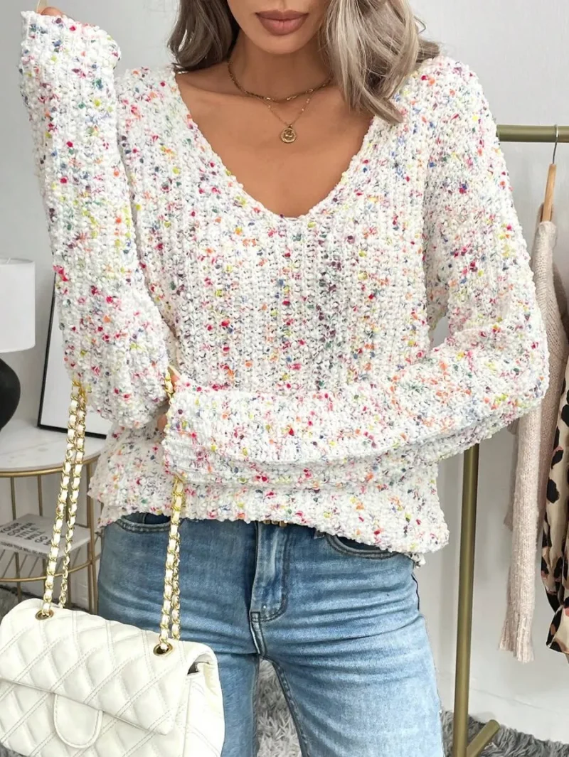 V Neck Colorful Pom Pom Textured Knit