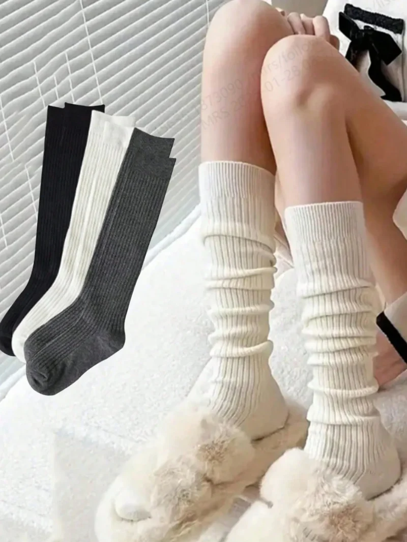 Knitted Socks Solid Color Vertical Bar Warm Knee Length Socks