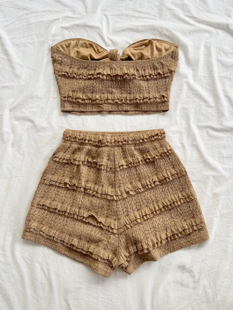 Ruffled Texture Bandeau Crop Top With Bowknot And Elastic Waist Shorts