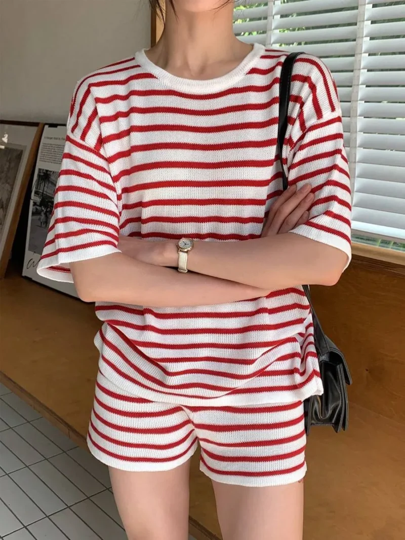 Striped Crew Neck Short Sleeve Knit Top And Knitted Shorts