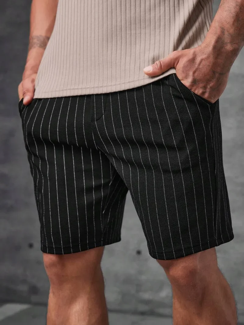 Striped Knitted Shorts Sweat Plain Black Urban Casual