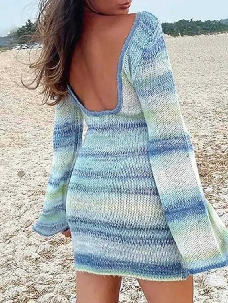 Backless Long Sleeve Knitted Sweater Dress