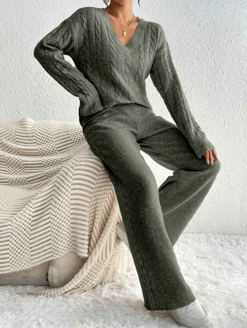 Casual Daily V Neck Cable Knit Sweater & Trousers
