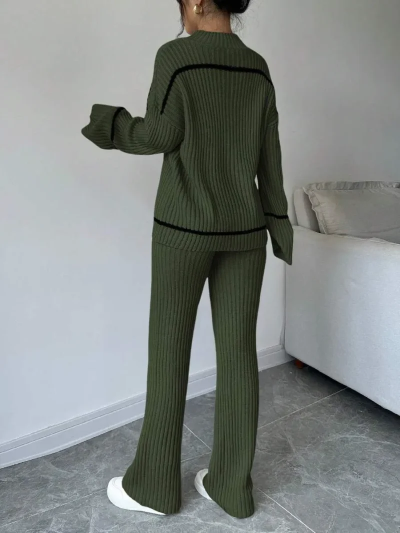 Contrast Trim Stand Collar Long Sleeve Top And Pants