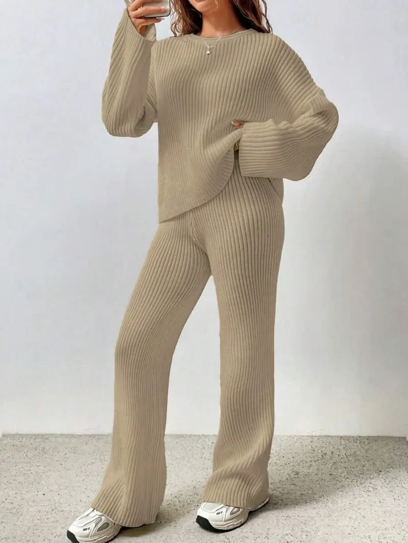 Crew Neck Drop Shoulder Sweater And Flared Knit Pants