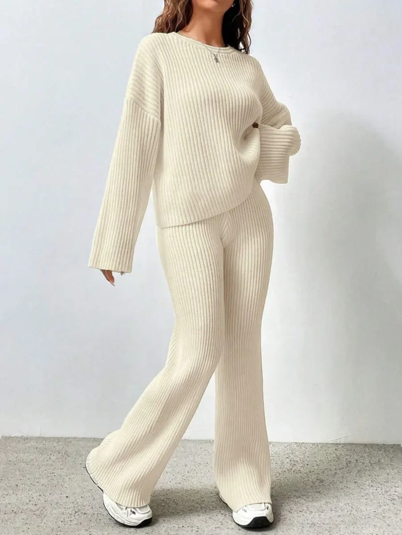 Dropped Shoulder Loose Ribbed Knit Sweater And Flared Knit Pants