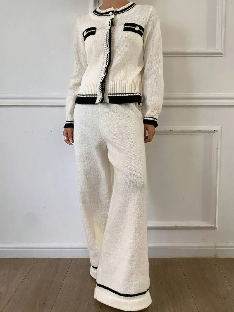 Knit Sweater Cardigan Set With Long Pants