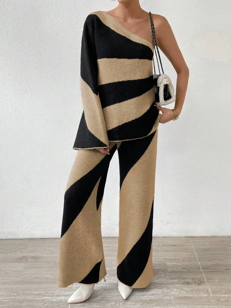 One Shoulder Color Block Sweater And Knitted Pants Set