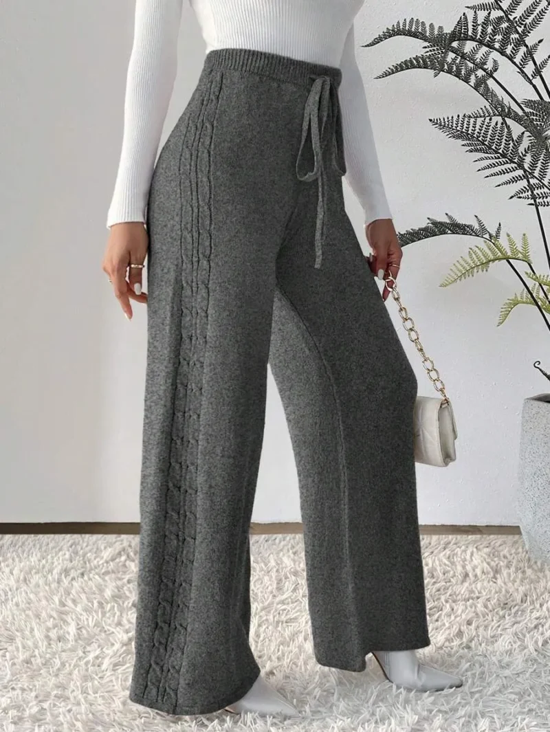 Solid Color Drawstring Knotted Elegant Commute Knit Top And Pant