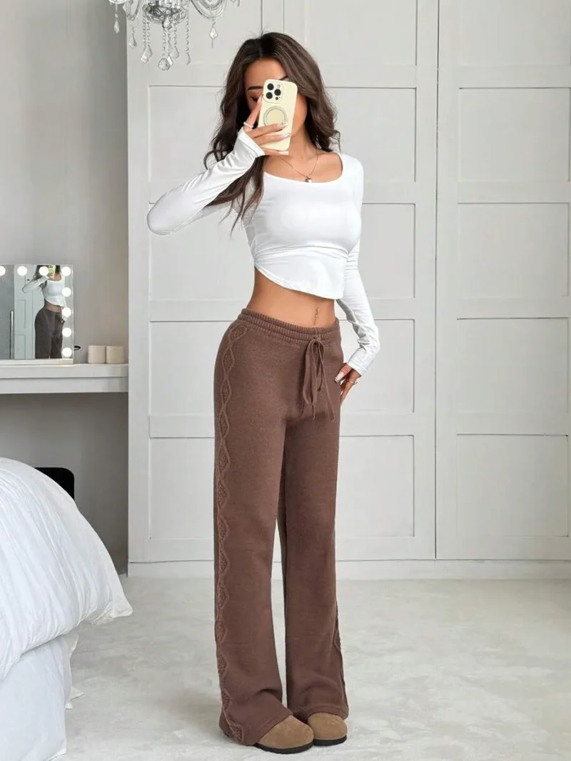 Solid Color Waist Tie Chunky Knit Sweater And Wide Leg Pants