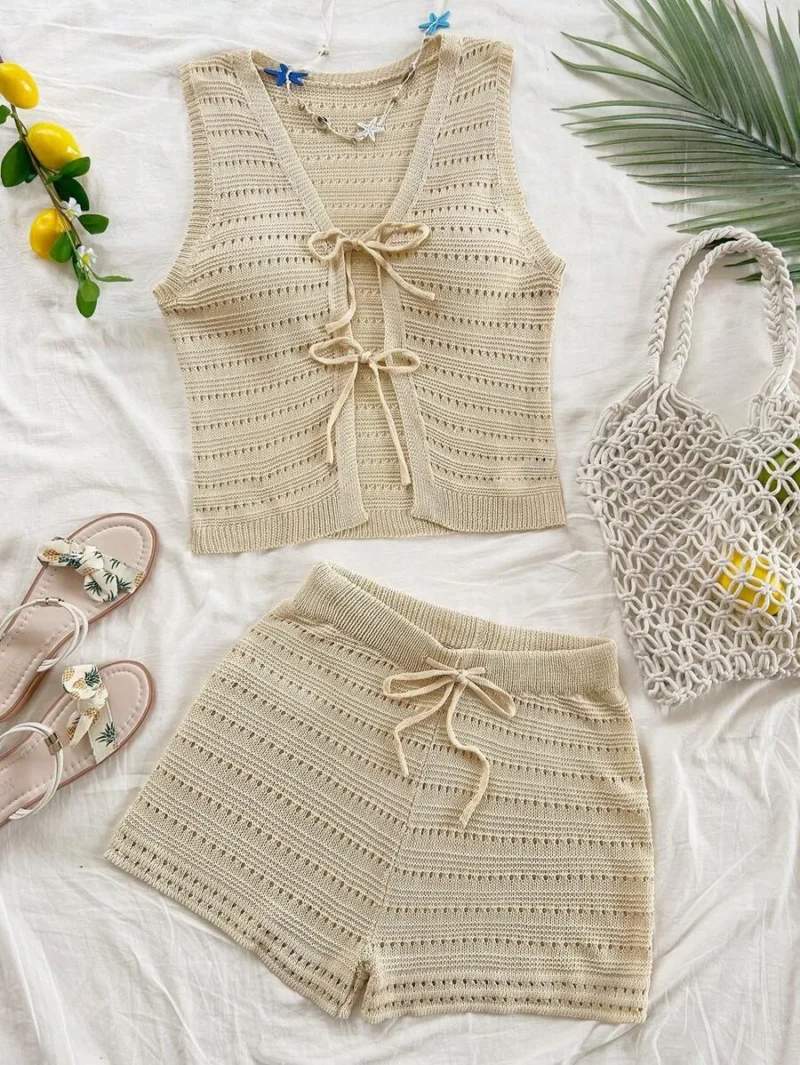 Casual Contrast Color Striped Drawstring Vest & Shorts