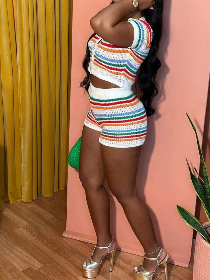 Color Blocking Patchwork Lapel Striped Short