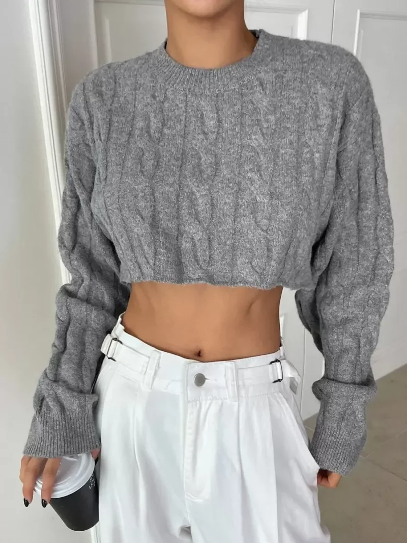 Cable Knit Drop Shoulder Crop Sweater