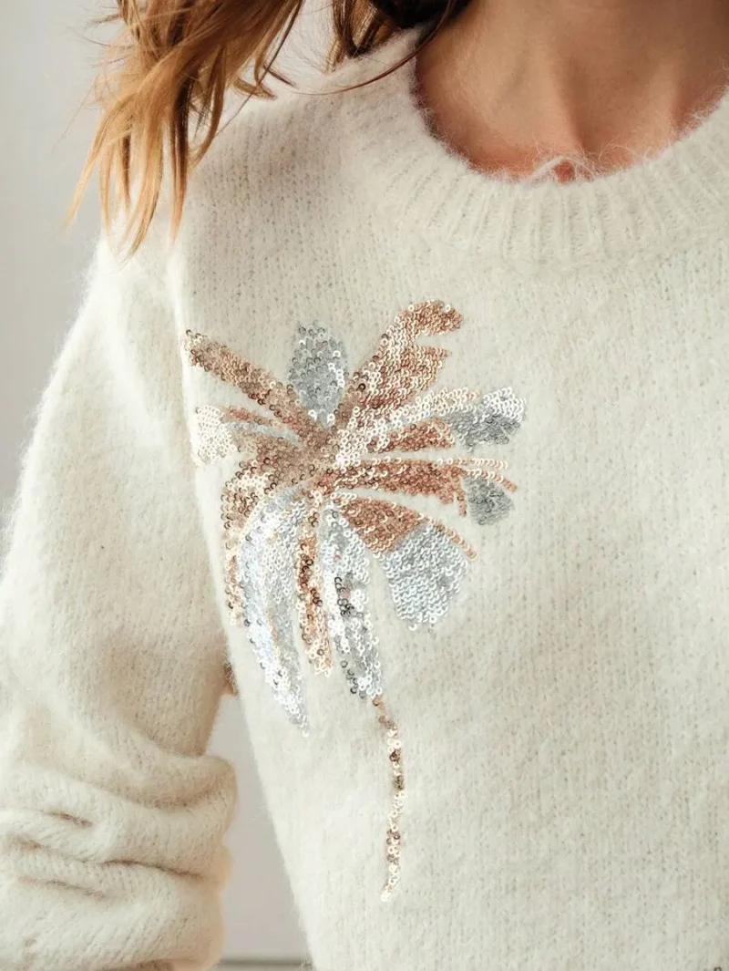 Fall Sequin Embroidered Coconut Tree Crew Neck Sweater