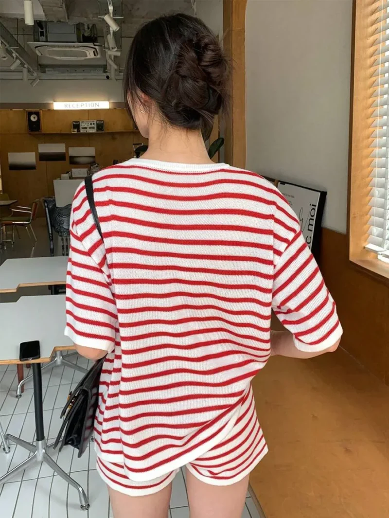 Striped Crew Neck Short Sleeve Knit Top And Knitted Shorts