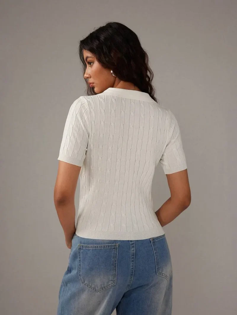Casual Solid Color Polo Neck Short Sleeve Twist Knit Sweater