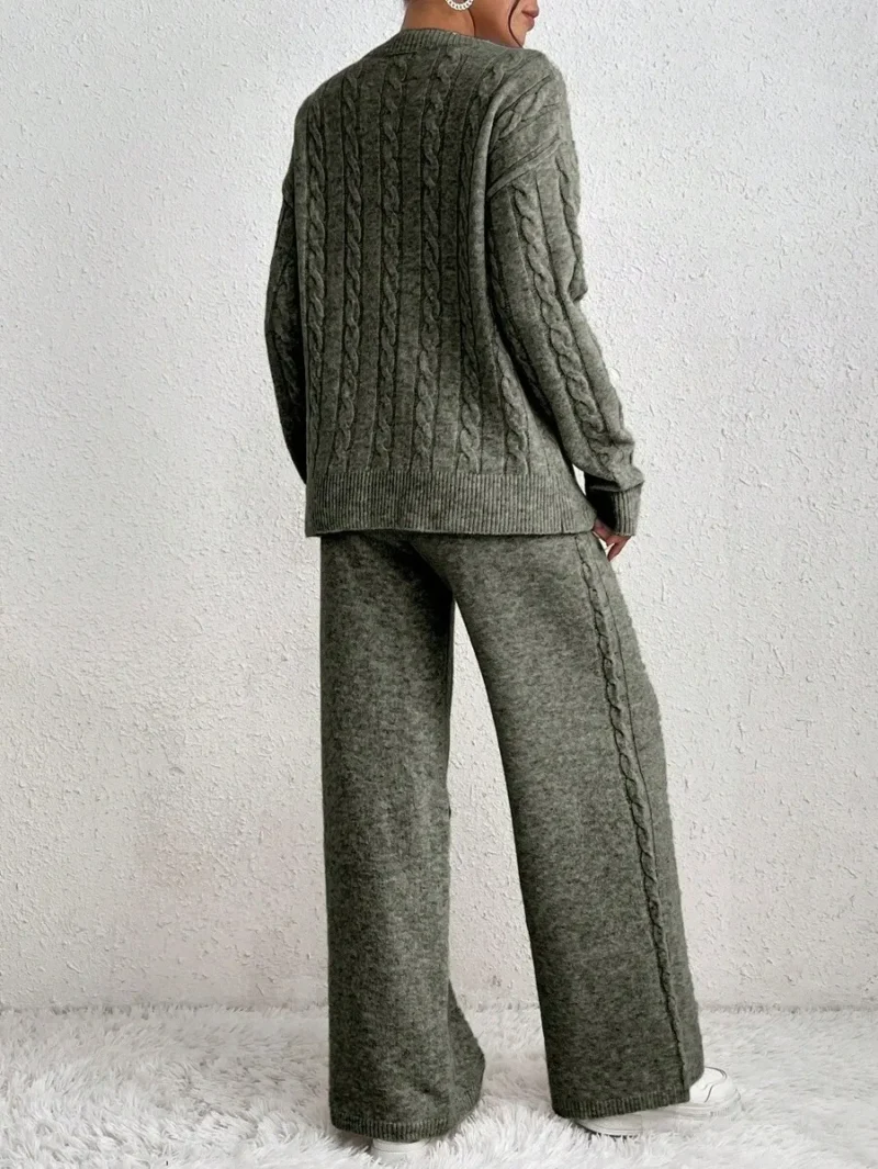 Casual Daily V Neck Cable Knit Sweater & Trousers