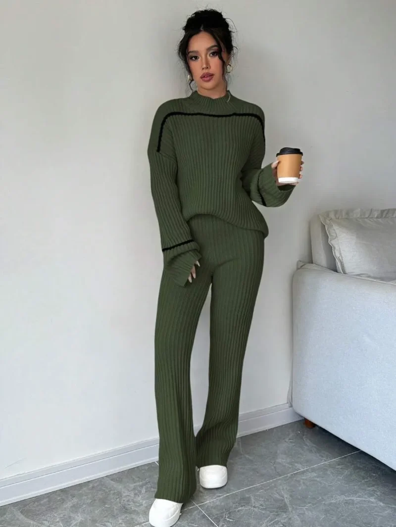 Contrast Trim Stand Collar Long Sleeve Top And Pants