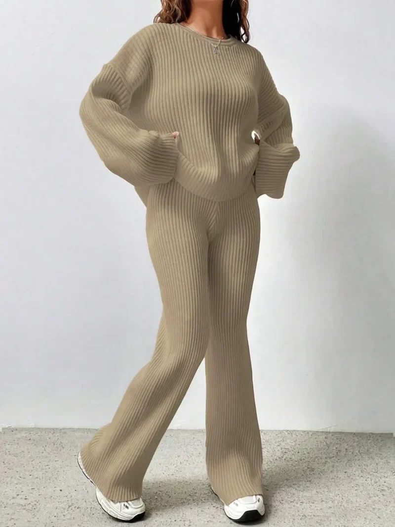 Crew Neck Drop Shoulder Sweater And Flared Knit Pants