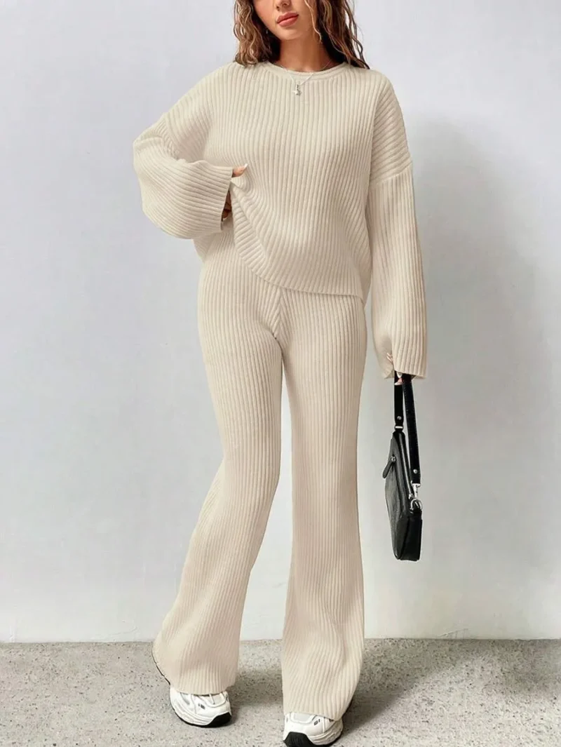 Dropped Shoulder Loose Ribbed Knit Sweater And Flared Knit Pants