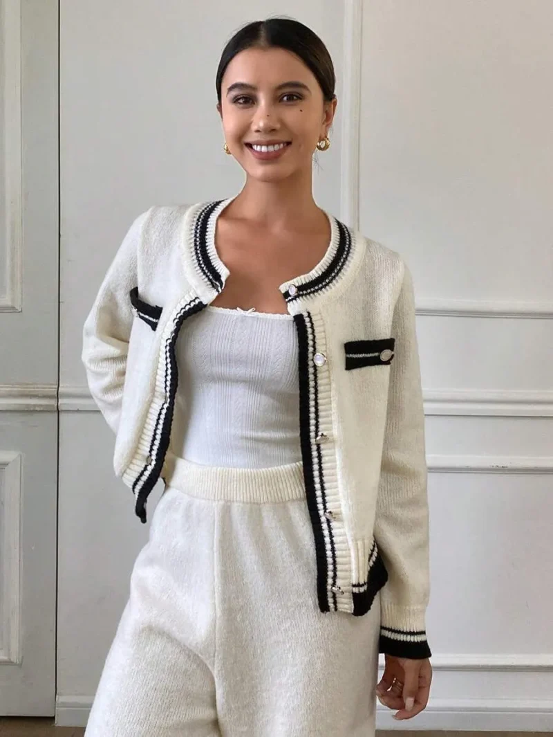 Knit Sweater Cardigan Set With Long Pants