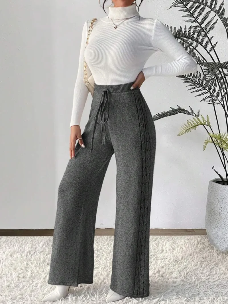 Solid Color Drawstring Knotted Elegant Commute Knit Top And Pant