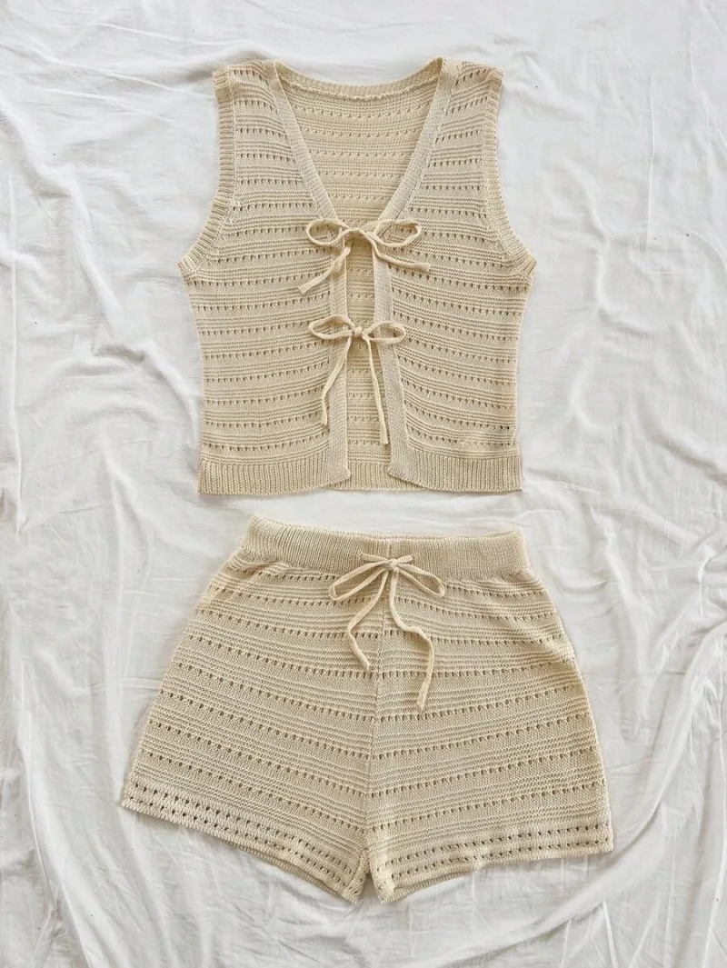Casual Contrast Color Striped Drawstring Vest & Shorts