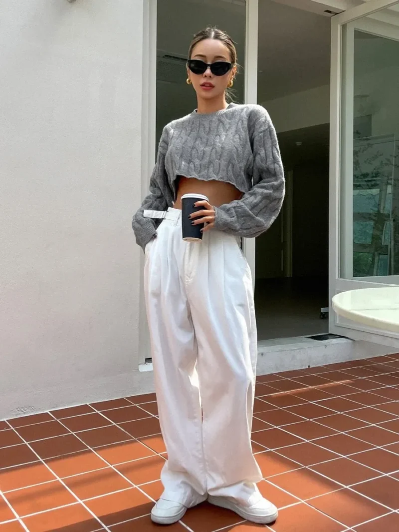 Cable Knit Drop Shoulder Crop Sweater