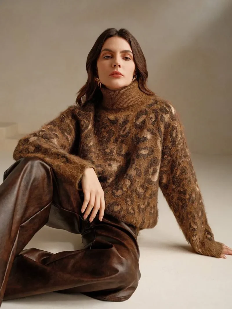 Dropped Shoulder Long Sleeve Leopard Print