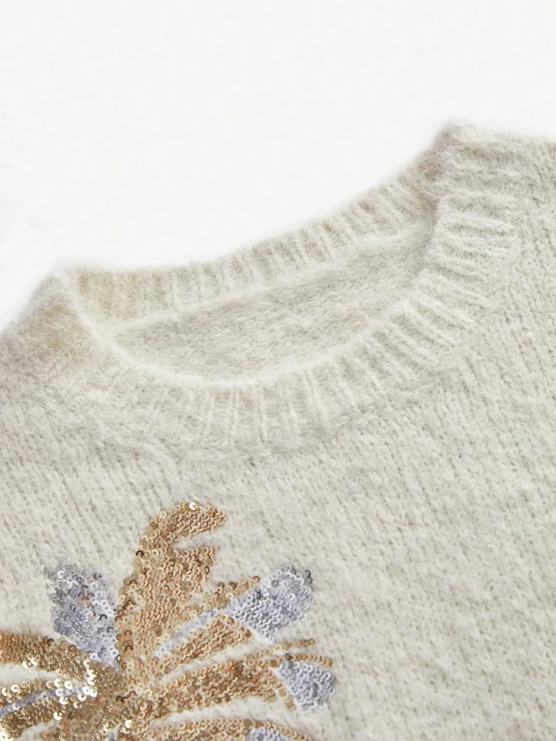 Fall Sequin Embroidered Coconut Tree Crew Neck Sweater