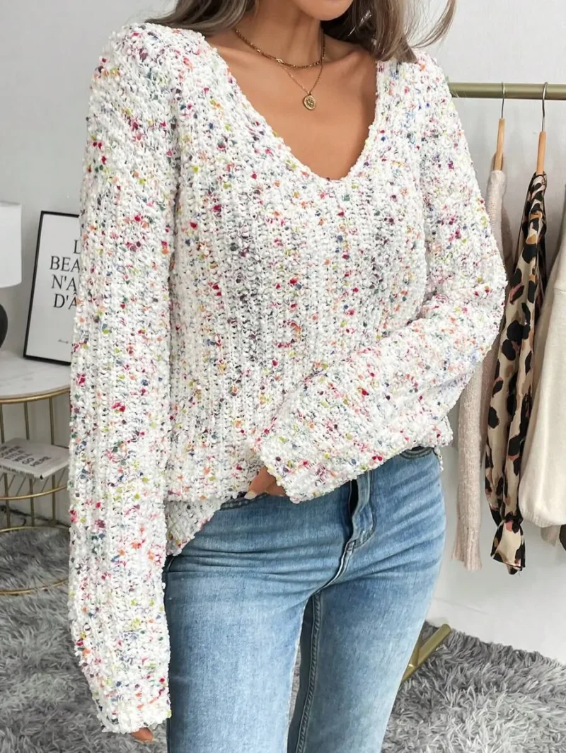 V Neck Colorful Pom Pom Textured Knit