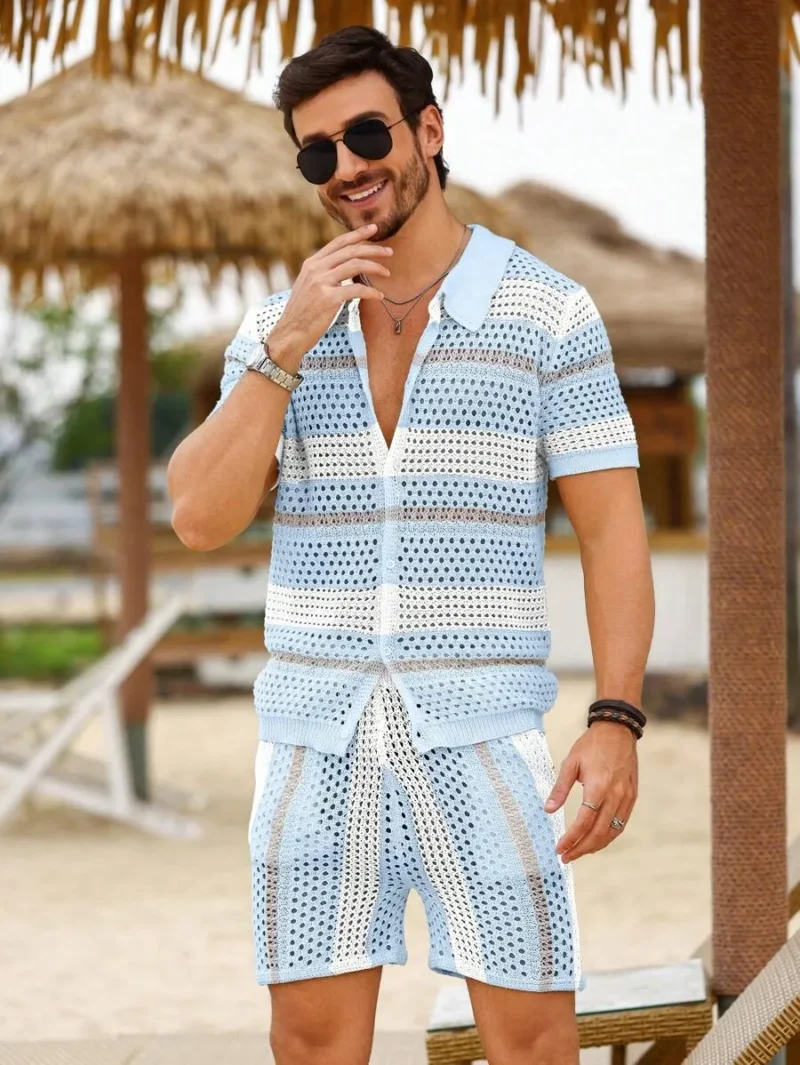 Front Button Closure Short Sleeve Crochet Top And Knitted Shorts