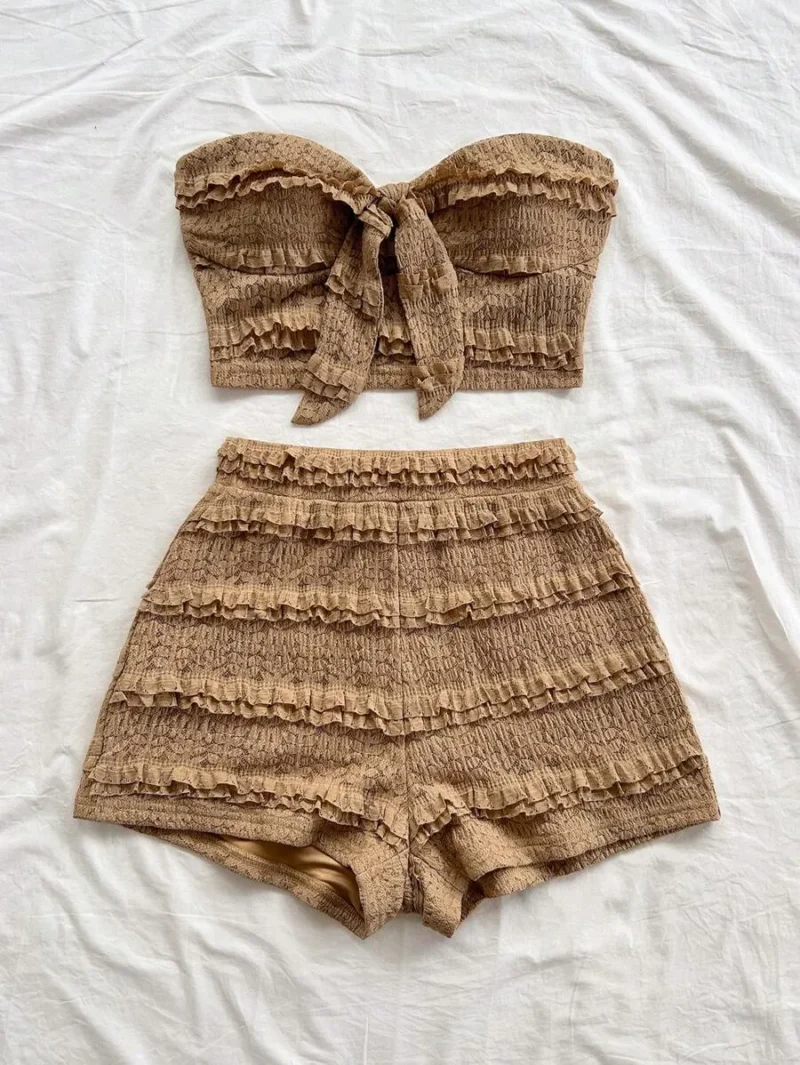 Ruffled Texture Bandeau Crop Top With Bowknot And Elastic Waist Shorts
