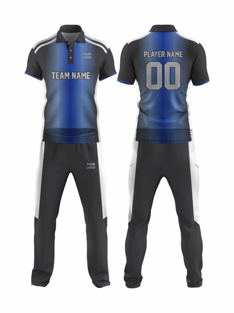 Blue and Dark Grey Cricket Uniform